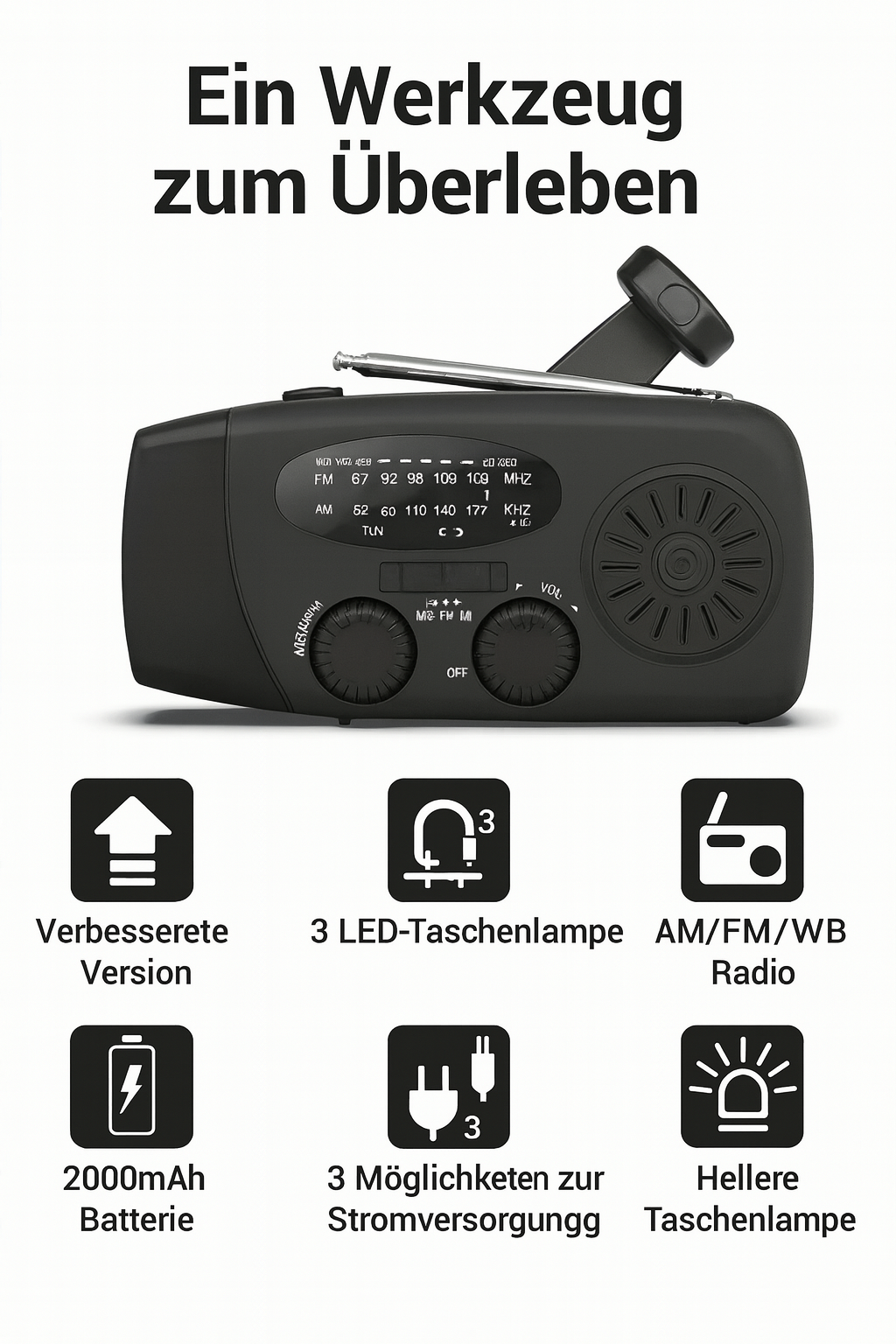 Notfallradio mit LED-Taschenlampe, Kurbel- & Solarladung – Kompakt, robust & zuverlässig