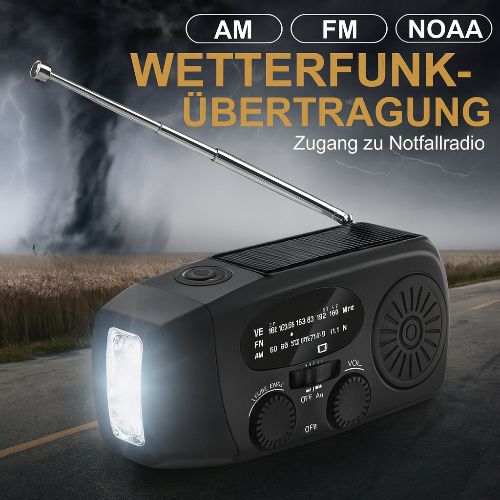 Notfallradio mit LED-Taschenlampe, Kurbel- & Solarladung – Kompakt, robust & zuverlässig