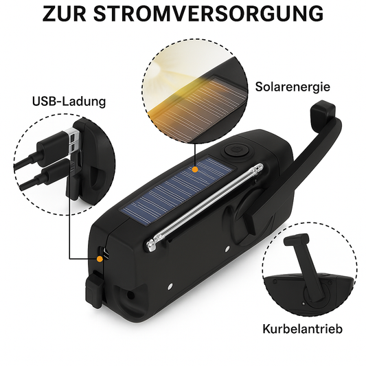 Notfallradio mit LED-Taschenlampe, Kurbel- & Solarladung – Kompakt, robust & zuverlässig