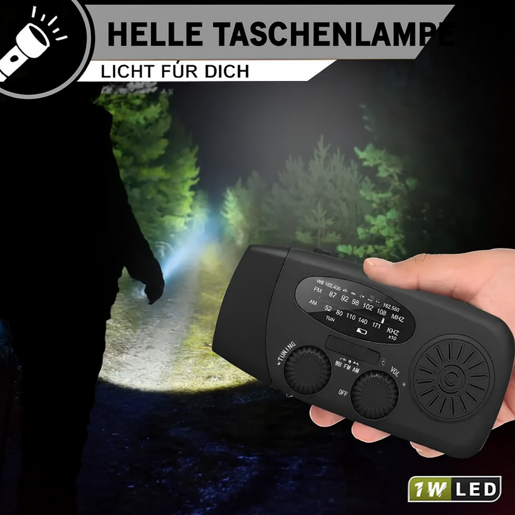 Notfallradio mit LED-Taschenlampe, Kurbel- & Solarladung – Kompakt, robust & zuverlässig