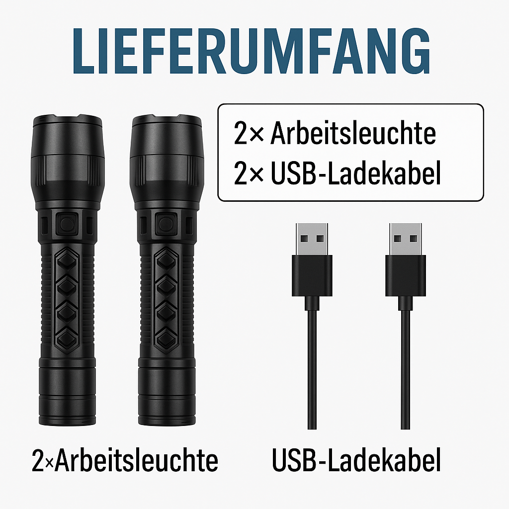 2er-Set LED-Taschenlampen – Kompakt, wiederaufladbar, lange Akkulaufzeit