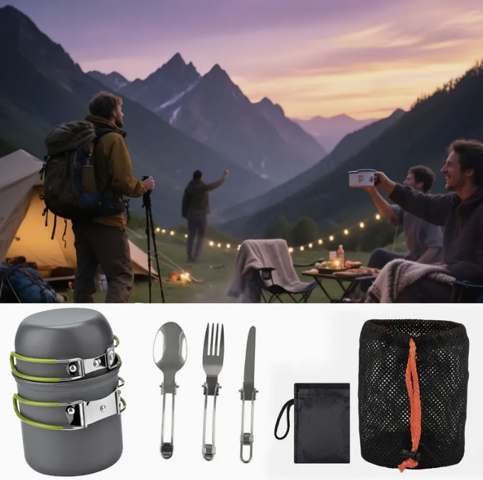2-er Set Kompaktes Camping-Kochset mit Klappbesteck & Transporttasche