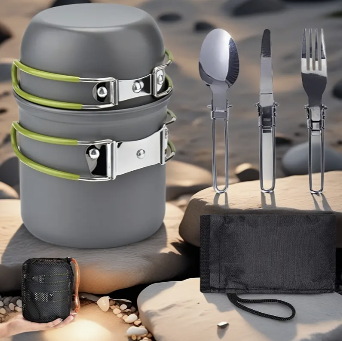 2-er Set Kompaktes Camping-Kochset mit Klappbesteck & Transporttasche