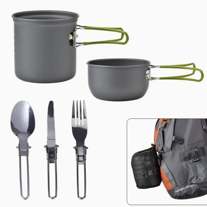 2-er Set Kompaktes Camping-Kochset mit Klappbesteck & Transporttasche
