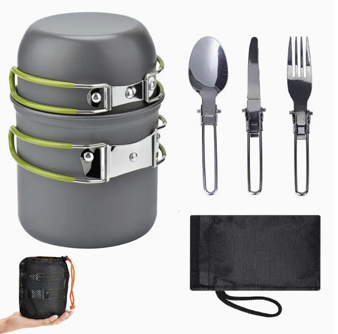 2-er Set Kompaktes Camping-Kochset mit Klappbesteck & Transporttasche