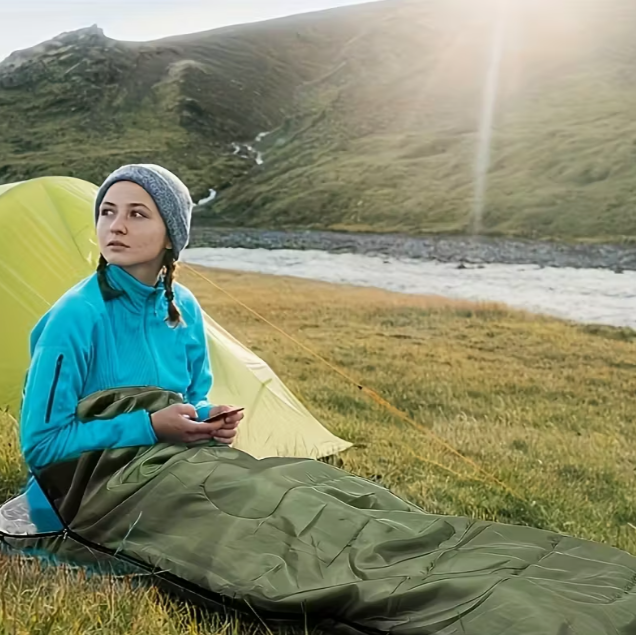 Schlafsack für Erwachsene – Kompakt & Warm, Ganzjahres-Campingschlafsack (Grün / Navy)